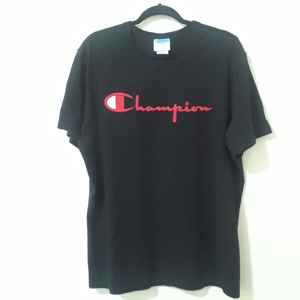 Vintage Champion T Shirt Embroidered Logo Large Black Tee - Picture 7 of 7